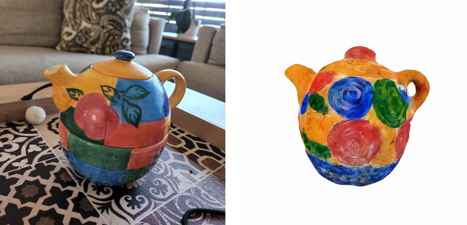 (b) Teapots: input image (left) and 3D model (right)