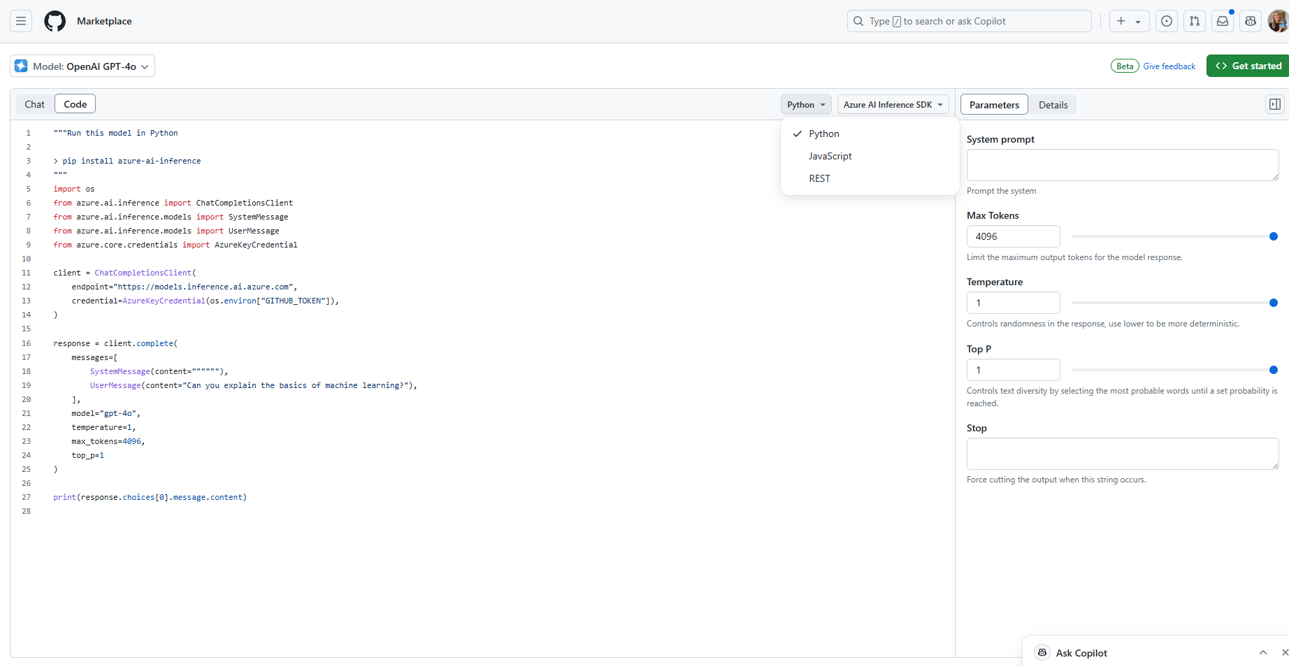 Microsoft Foundry Models Playground experience with code and languages shown