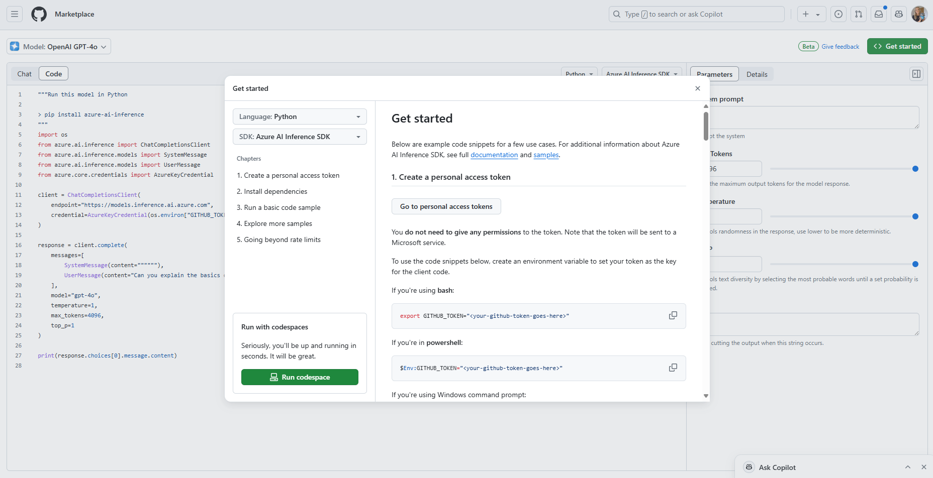 Get Started screen showing you how to access Codespaces or use a personal access token to setup in your own IDE