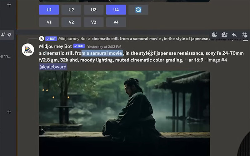 (b) b. Cinemtic samurai still generated through Midjourney