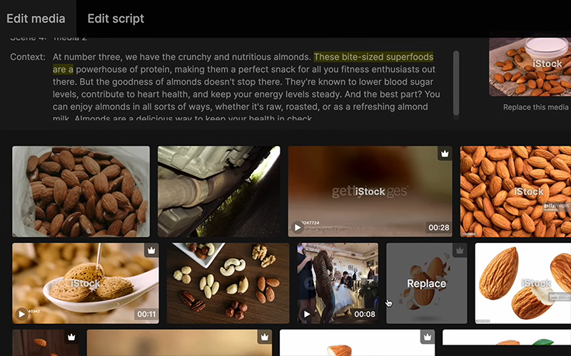 (f) f. Invideo AI suggesting generated images of almonds.