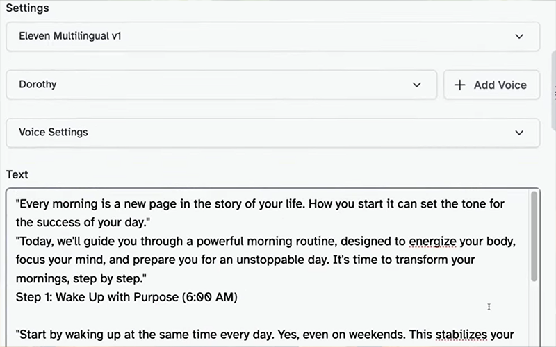 (g) g. ElevenLabs voiceover generation of female voice for routine video script