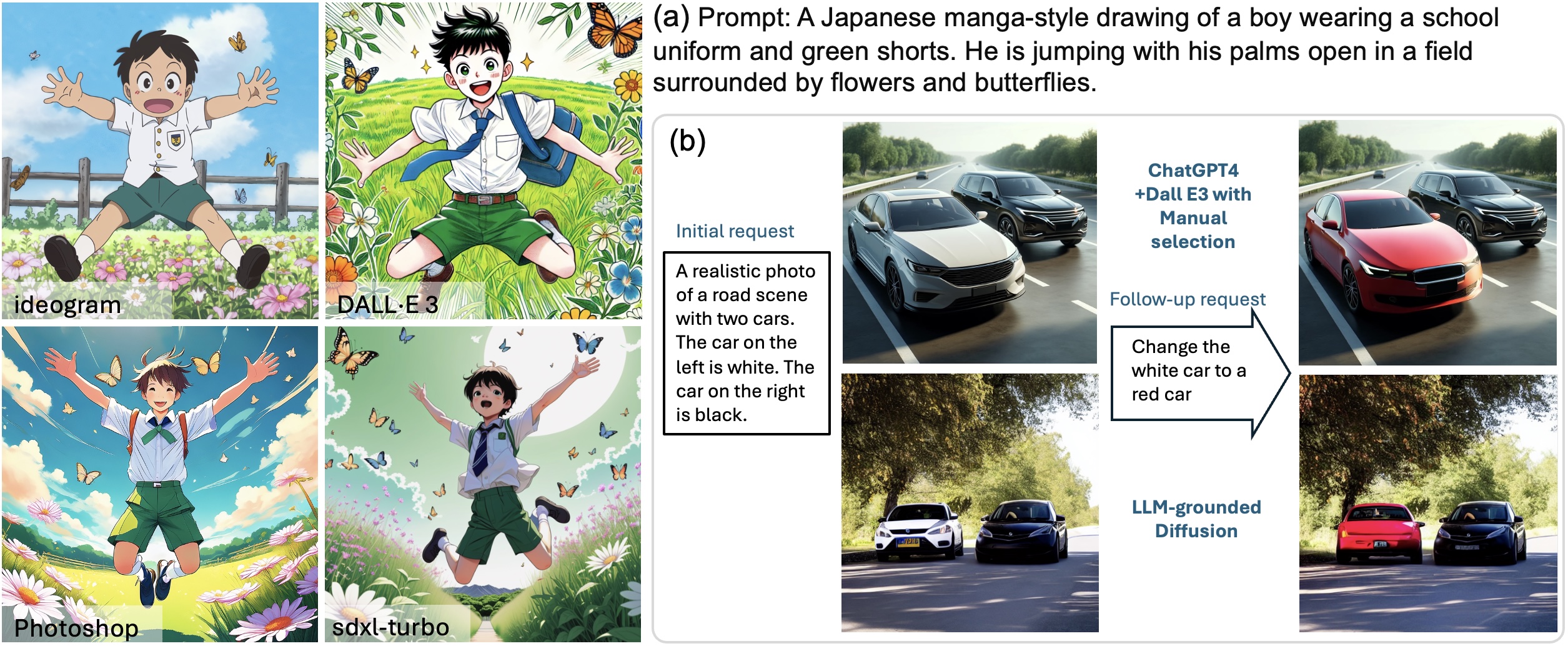 Figure 3: Text-to-image generation (generated on 27 November 2024). (a) text-to-image generation by Ideogram v1, DALL·E 3, Photoshop 2025, and sdxy-turbo by Nvidia. (b) The top-row images were generated by DALL·E in ChatGPT 4. The bottom-row images are generated by LLM-grounded Diffusion Lian et al. (2024).