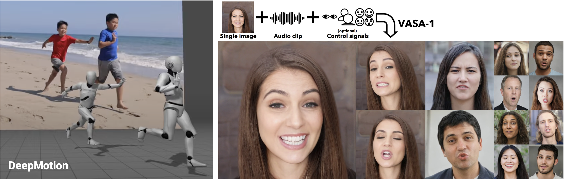 Figure 4: (Left) Video-to-3D post animation by DeepMotion. (Right) Image and audio to video by VASA-1 Xu et al. (2024a)