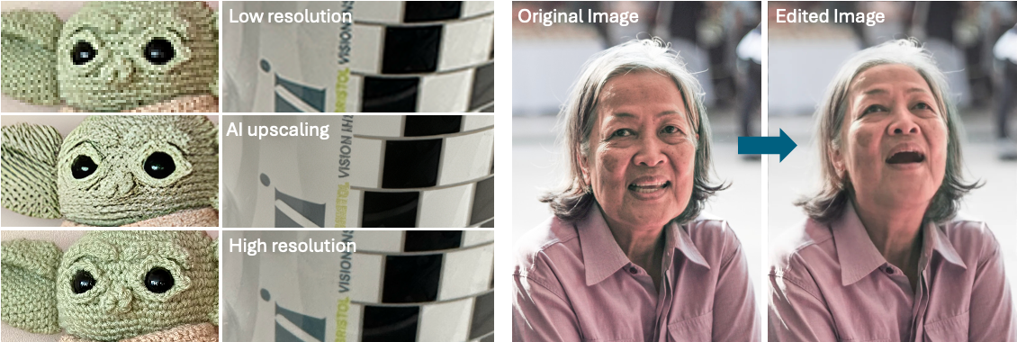 Figure 5: (Left) Examples of SR ($\times$4) using generative model. (Right) Real-time portrait editing with FacePoke.