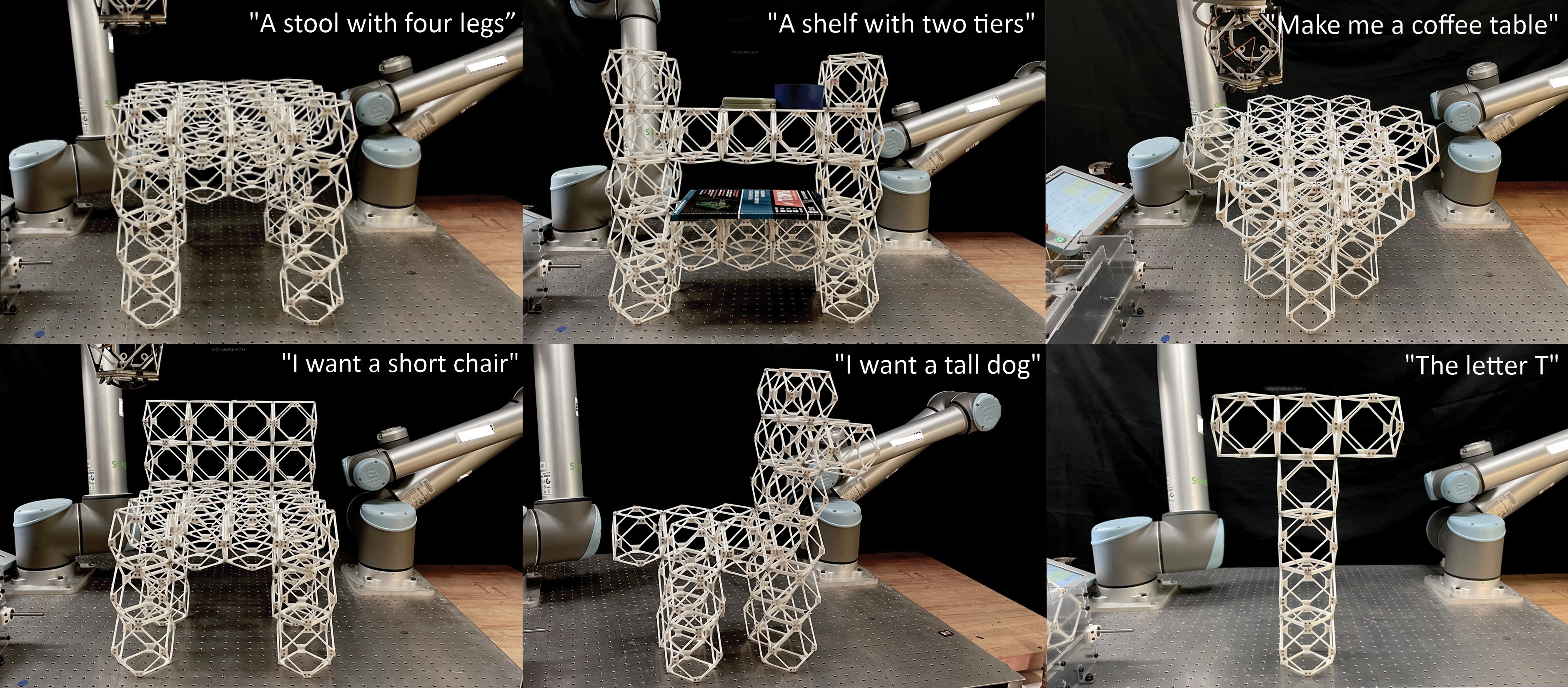 Figure 3. A variety of objects created from user prompts using 3D generative AI and discrete robotic assemblyA set of six images showing a robotic arm assembling modular lattice structures based on natural language commands. The images display different objects constructed by the robot, including a four-legged stool, a two-tier shelf, a coffee table, a short chair, a tall dog-like structure, and a letter "T." Each object is built using interconnected lattice components